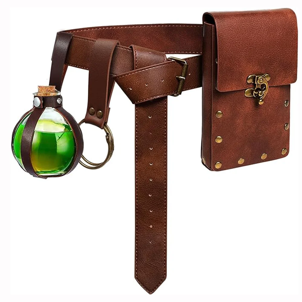

Renaissance Cosplay Costume Accessories Vintage Leather Belt Pouch Waist Bag Cork Potion Bottle Set With Hiking Skirt Clip LARP