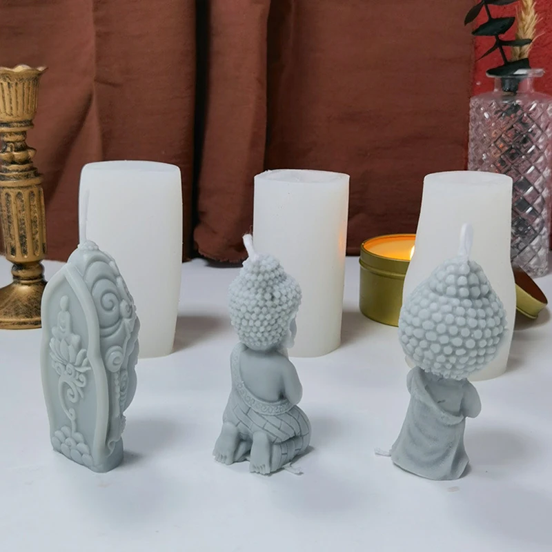 3D Buddha Monk Lotus Flower Candlestick Silicone Candle Mold Handmade Aromatherapy Plaster Resin Making Mould Home Decor