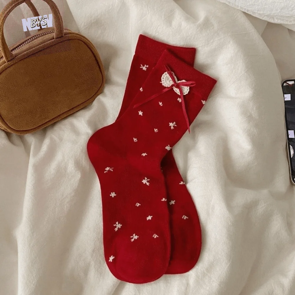 

Cute Red Color Sweet Girl Socks Cotton Double Layer Bow Socks Comfortable Soft Mid Tube Socks New Year