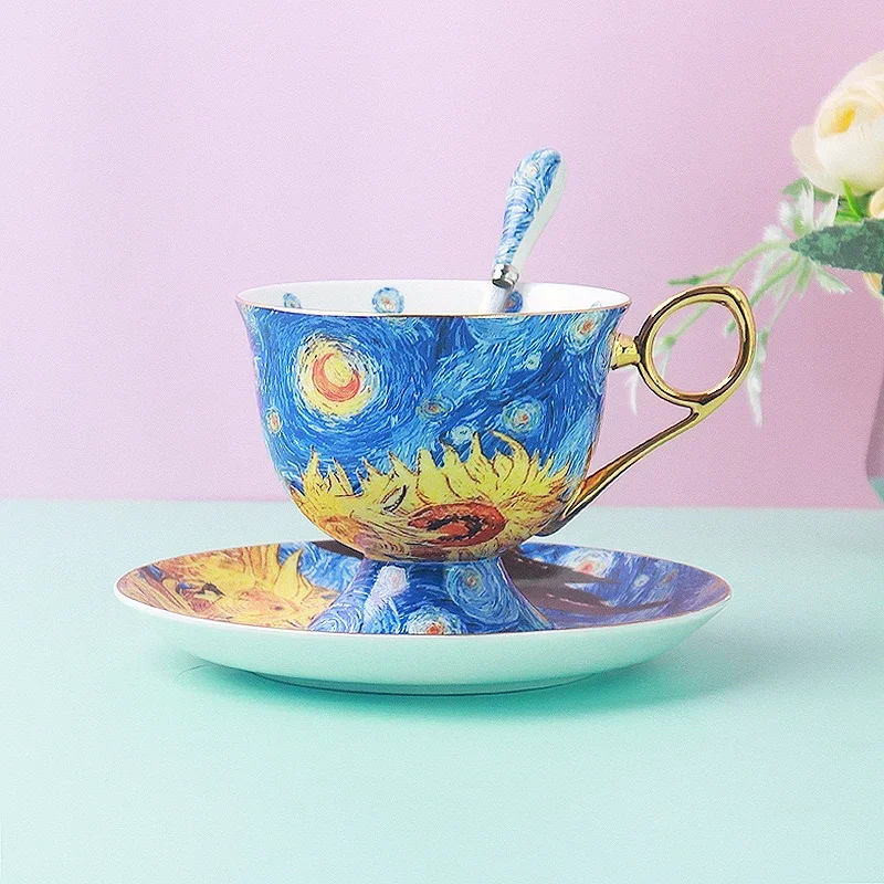 Van Gogh Pastoral Style European High-End Bone China Coffee Cup Suit British Afternoon Tea Cup Light Luxury Exquisite Designer