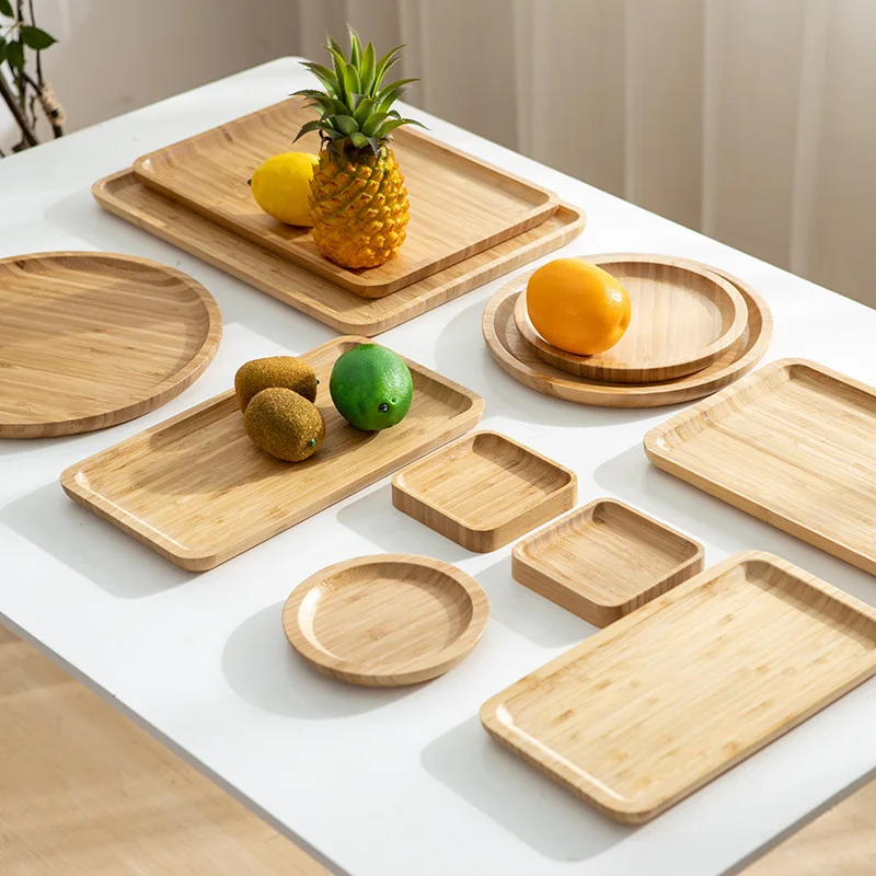 

Bamboo tea tray Solid wood household tea tray Hotel rectangular dessert tray Round Japanese bamboo dessert breakfast tray