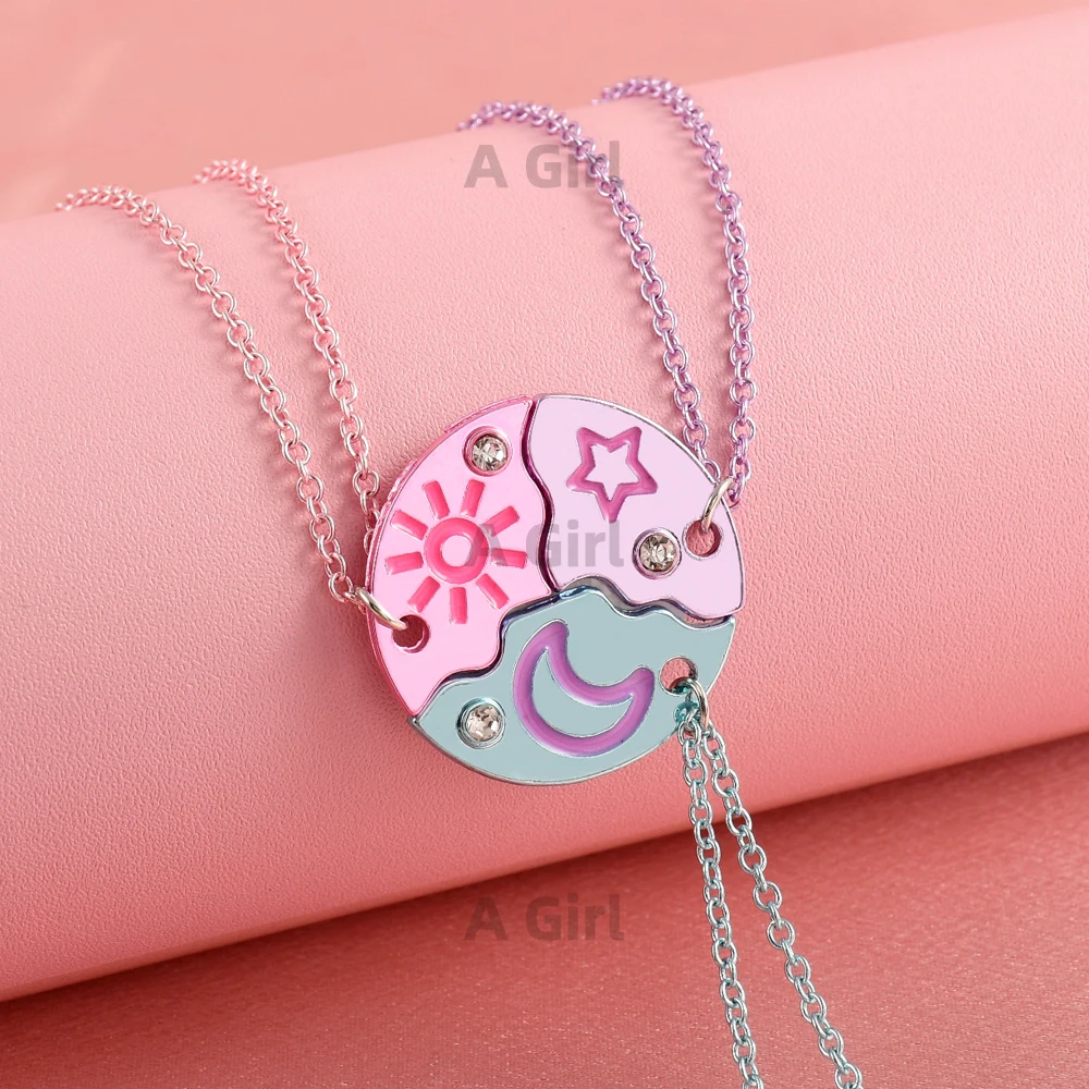 A Girl 3Pcs/set Multicolour Star Moon Sun Stitching Best Friend Necklace BFF Friendship Jewelry Gifts for Girls
