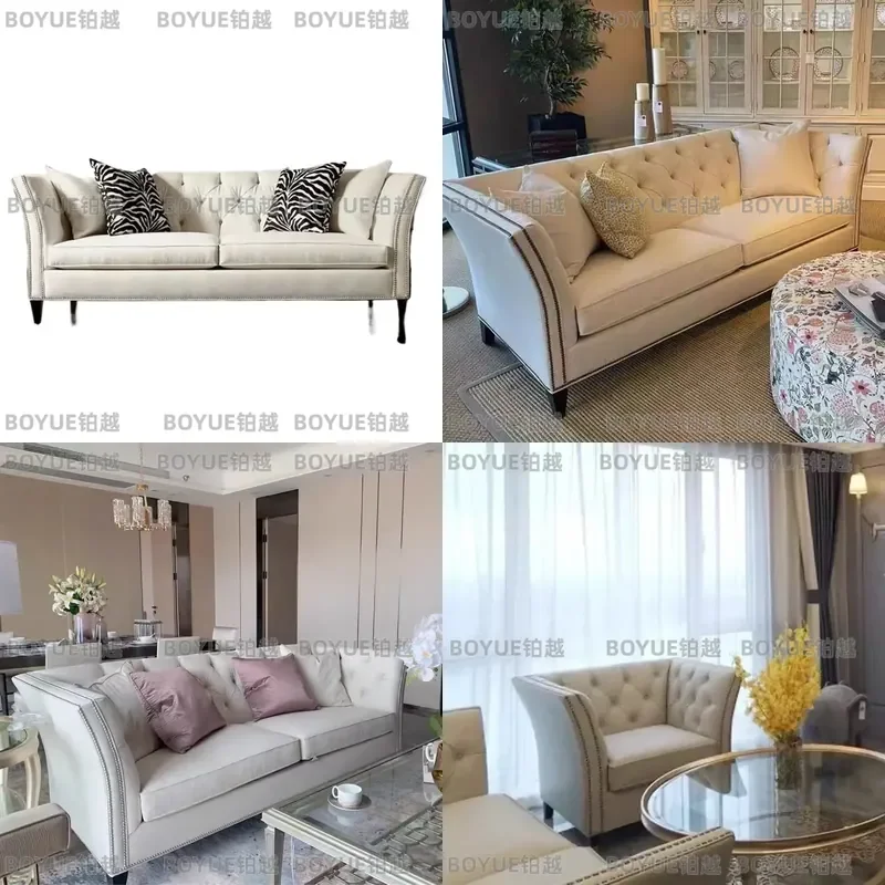 Modern Light Luxury Leather Sofa Set Minimalist Soft Upholstered Couch with Buckle Detail for Small Apartment Living Room