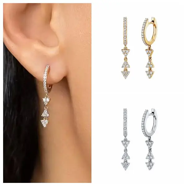 

925 Sterling Silver Needle Positive and Negative Triangle Pendant Hoop Earrings for Women Pave Crystal Earrings Fashion Jewelry