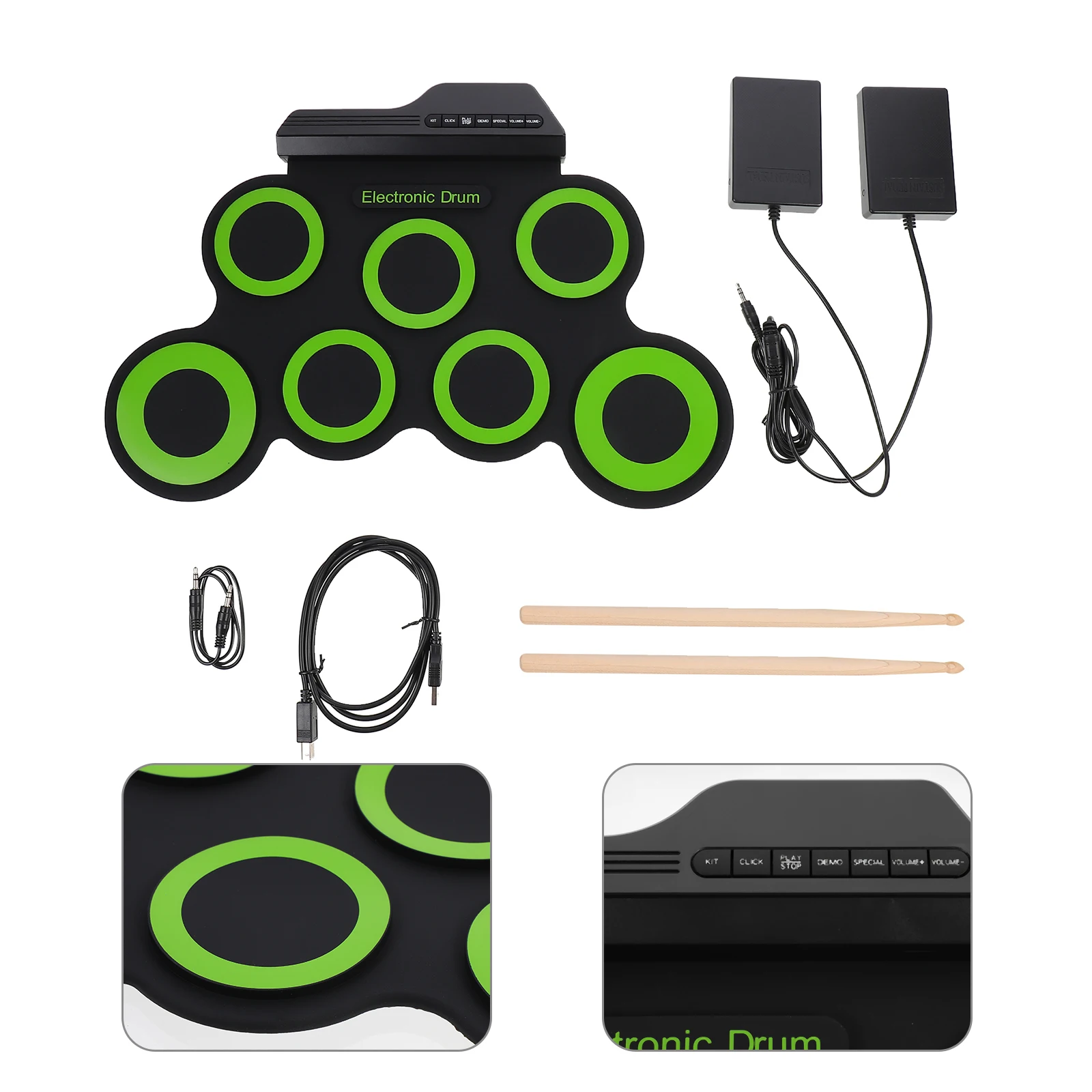 

Portable Folding Roll Set USB Music Instrument Kids Beginner Electric Drum Set Toy Green Compact Silicon Drum Kit