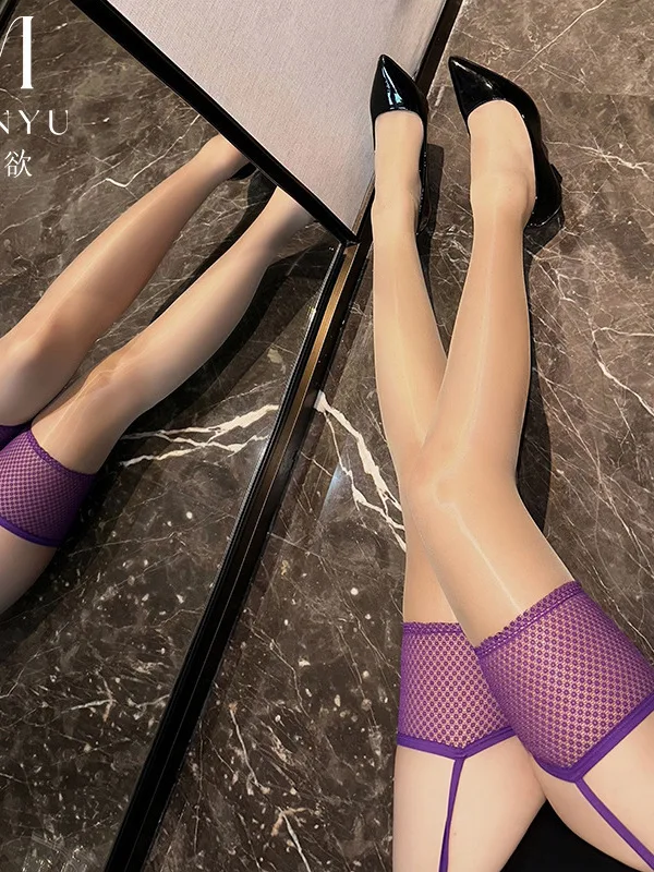 أورورا اللون المتناقضة مثير الموضوع جوفاء شبكة طويلة عبر الركبة جوارب بحزام النفط تألق قطعة واحدة جوارب بحزام للنساء XL7B