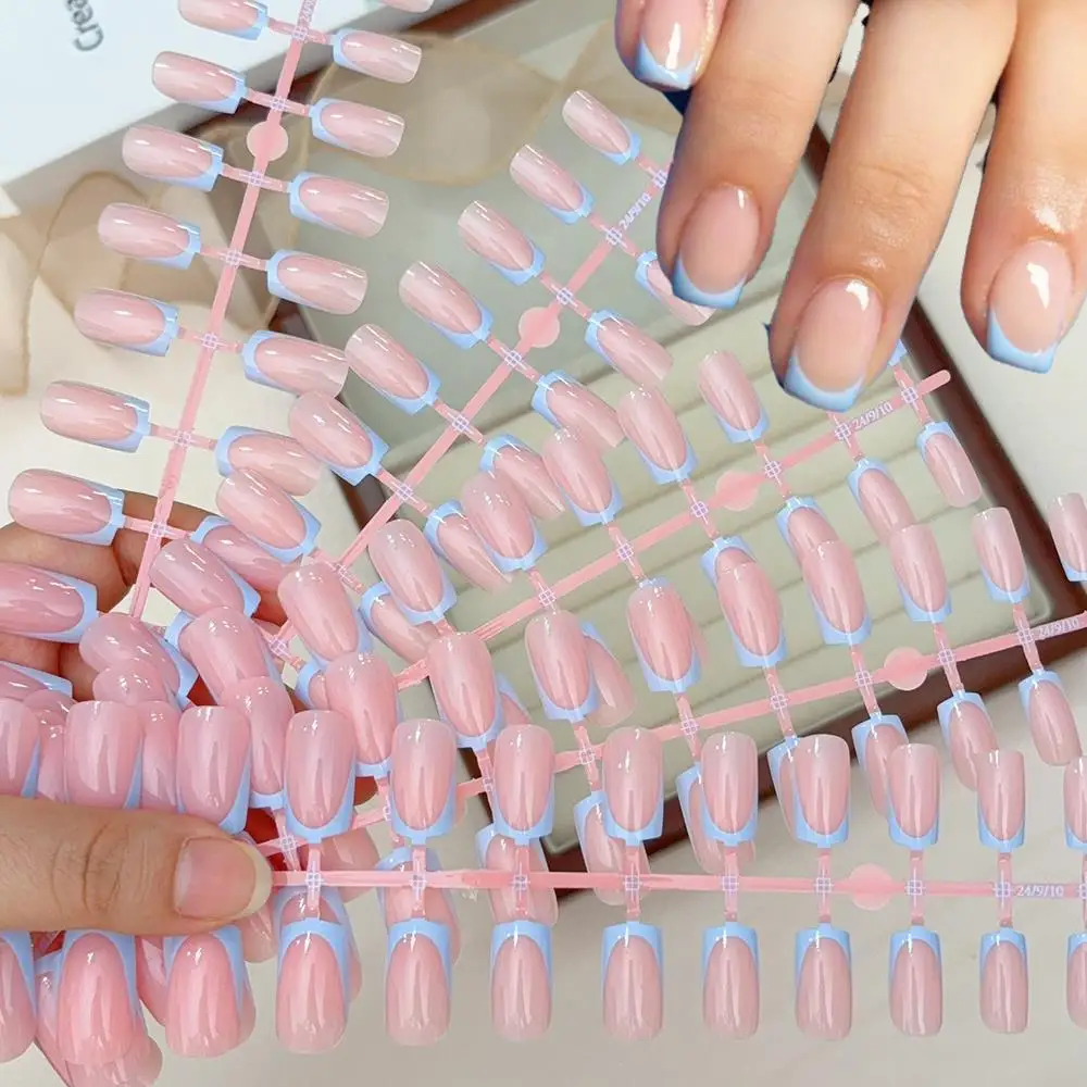 

120 шт./пакет, глянцевые синие накладные ногти с французским кончиком, 12 размеров, средний квадратный пресс на ногтях, 12 цветов на выбор, полное покрытие, накладные кончики пальцев TD