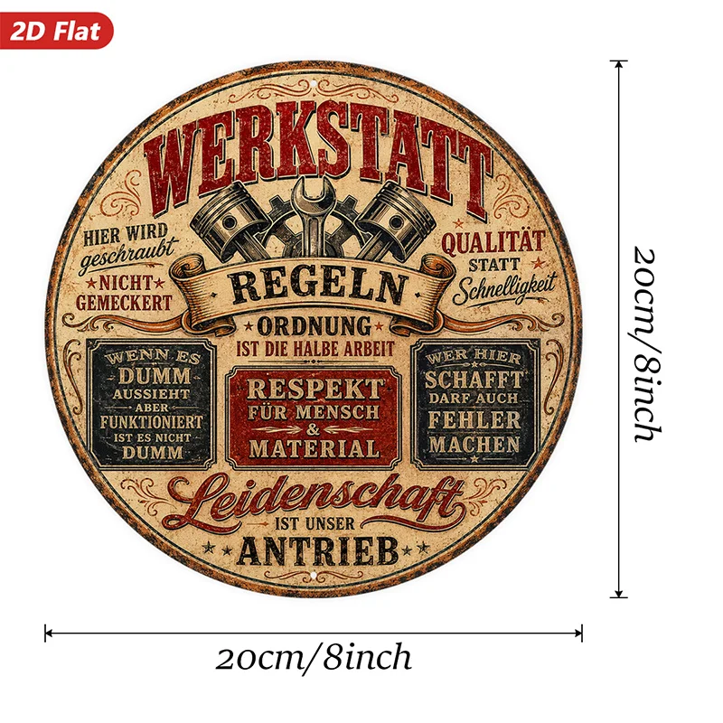 2D Flat, 1pc Workshop Rules Round Metal Sign Wall Art, Werkstatt Regeln Text, Ideal for Studio Office Corner, Wrench And Pistons