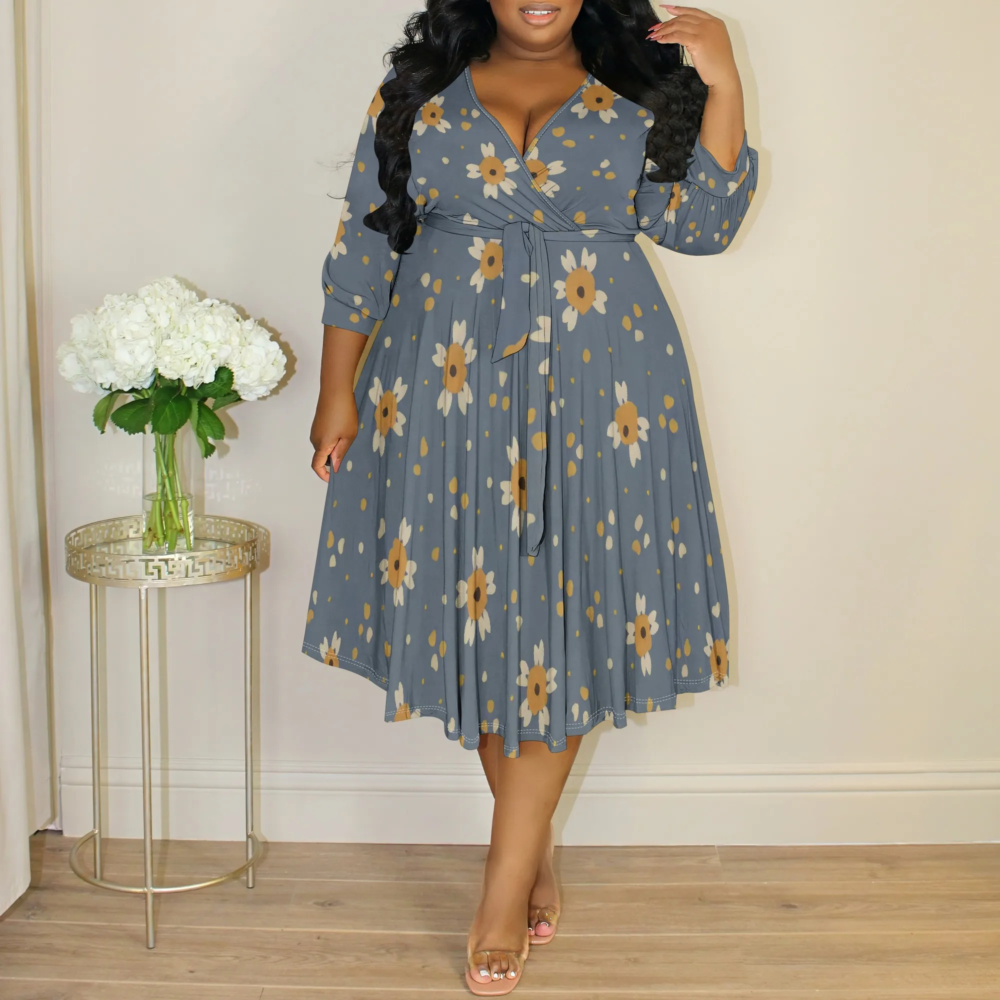 Women's Summer Short Sleeve Casual Dresses V-Neck Floral Party Dress with Pockets
