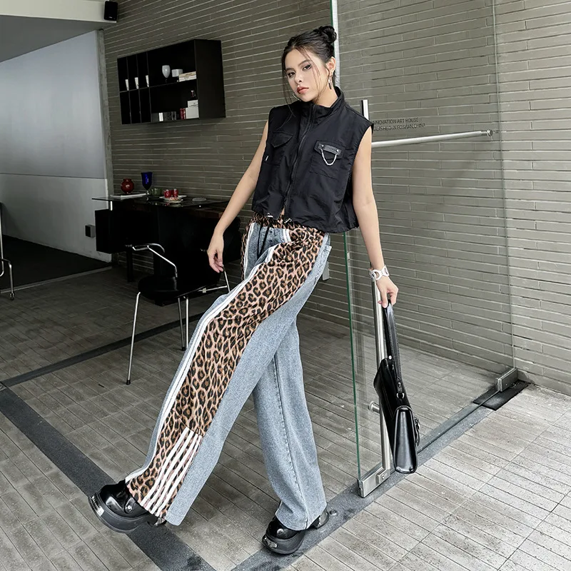 Women Leopard Print Denim Pants Patchwork Elastic Waist Buttons Pockets Loose Wide Leg Jeans High Street Vintage Trendy Summer