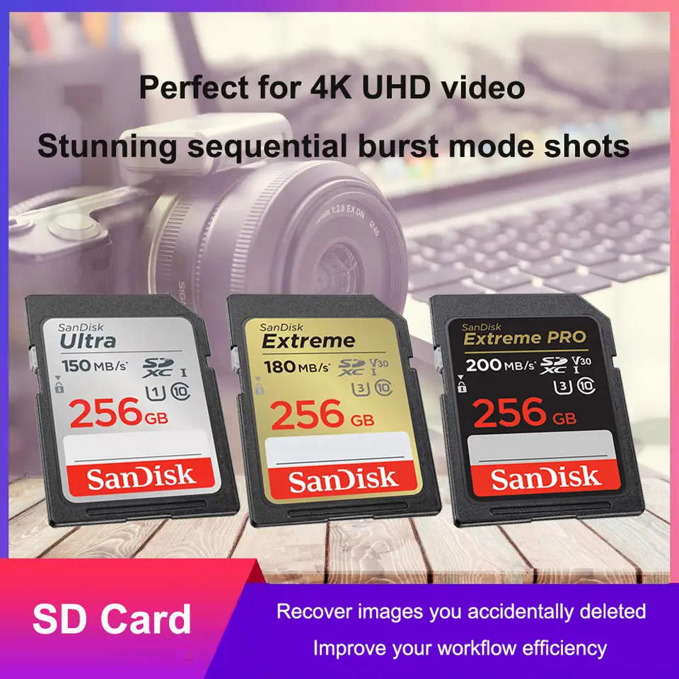 بطاقة ذاكرة SanDisk SD بسعة 32 جيجابايت SDHC و64 جيجابايت و128 جيجابايت و256 جيجابايت SDXC، بطاقات ذاكرة C10، بسرعة قراءة تصل إلى 200 ميجابايت/ثانية، U3 V30، بطاقات فلاش 4K UHD للكاميرا