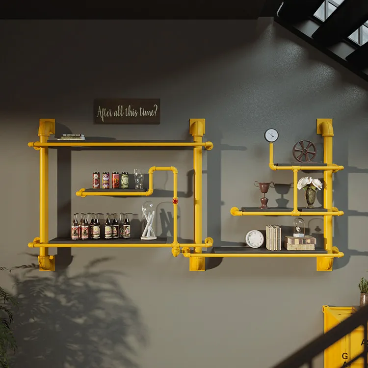 Wrought iron water pipe wall rack wine rack creative wall decoration retro bookshelf industrial style baffle wall shelf