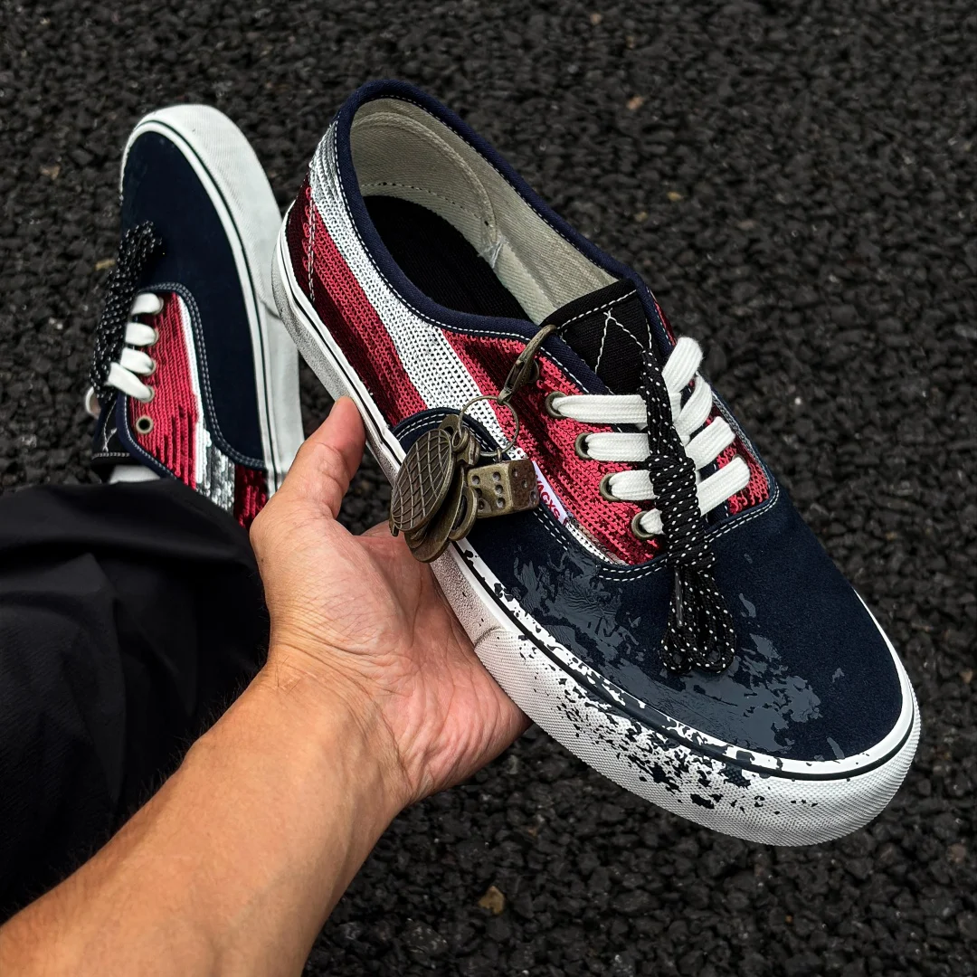 Navy Contrast Sequin Low Top Skate Shoes Unisex Vintage Splatter Paint Casual Couple Sneakers