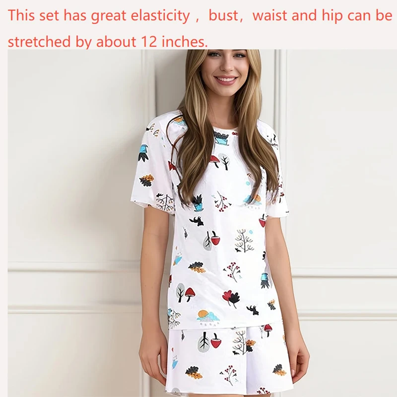 ชุด 2 ชิ้นสั้น O-คอแขนเสื้อตรงกางเกงขาสั้นการ์ตูนพิมพ์สบายๆสบายๆเสื้อผ้าผู้หญิง Homewear ชุดนอนสีขาวใหม่