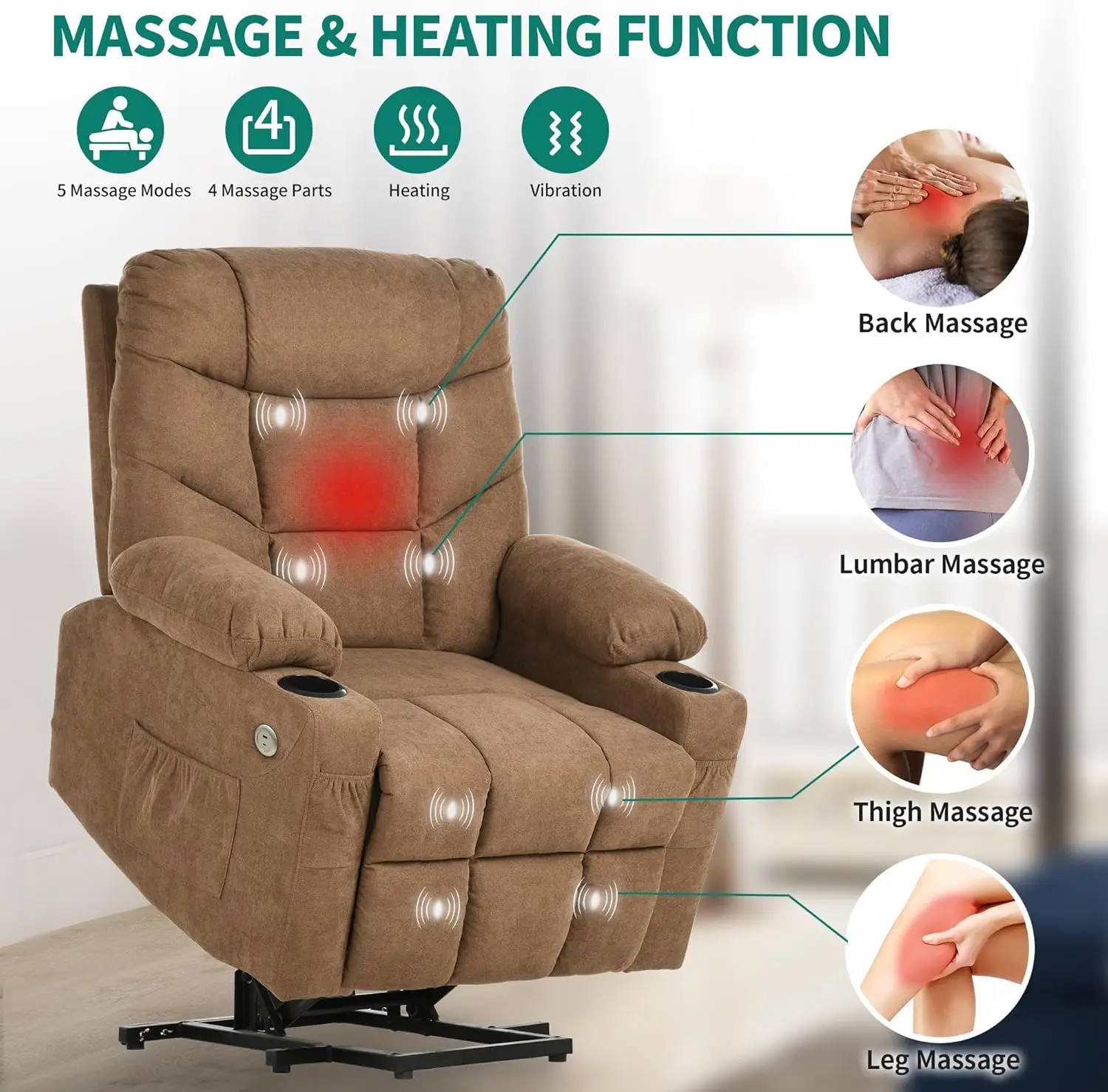 Electric Power Lift Recliner Chair for Elderly, Fabric Recliner Chair with Massage and Heat, Spacious Seat, USB Ports, Cup Holde