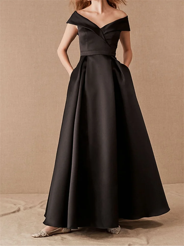 

A-Line Plus Size Prom Formal Evening Dress Off Shoulder Short Sleeve Floor Length Satin with Pleats Ruched Formal Occasion Dress