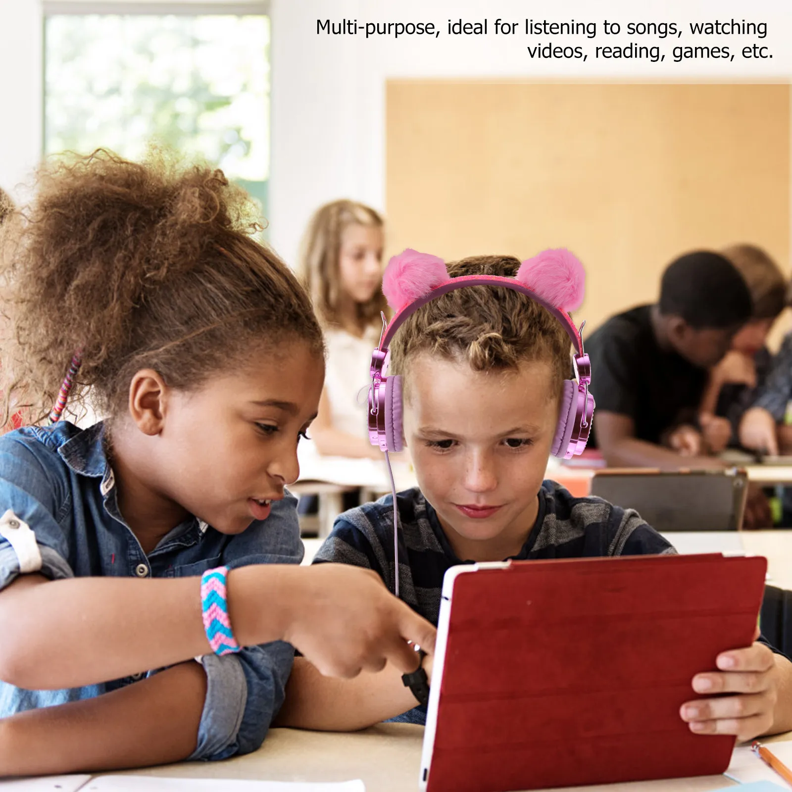 

Детские наушники с кошачьими ушками, стразами и блестящими шариками, накладные, с микрофоном, для девочек и мальчиков, для путешествий и школы