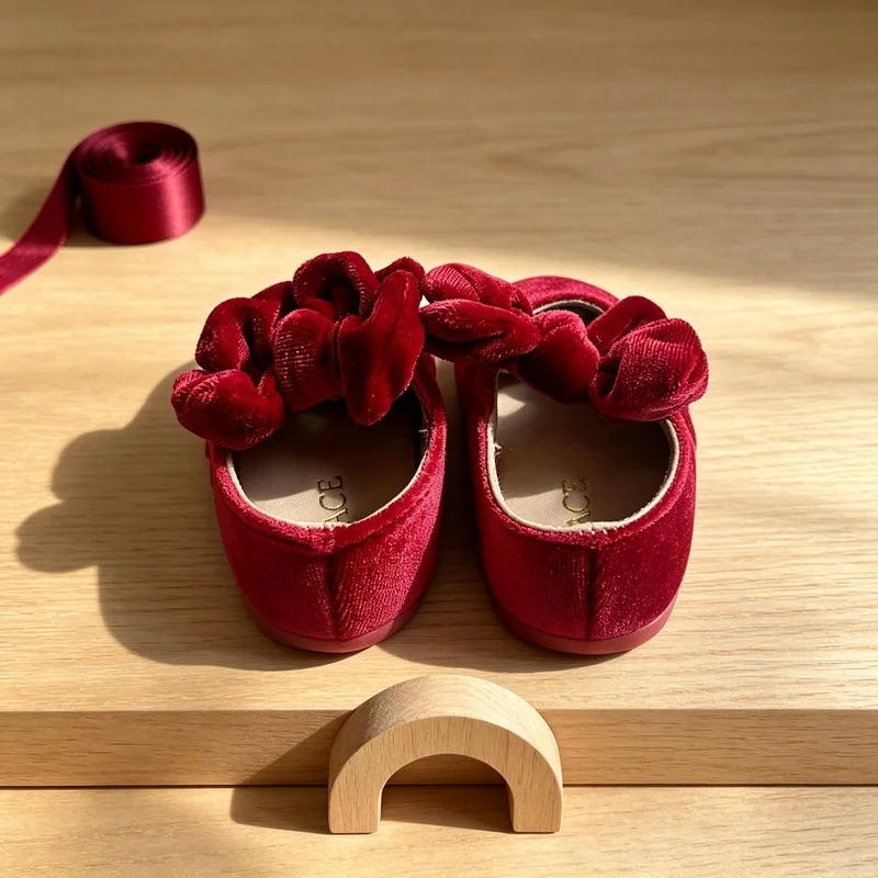 Velvet Mary Jane Shoes for 0-1 Year Olds, Wine Red Soft-Soled Princess Shoes, Bowknot Baby's First Year Wedding Dress Shoes