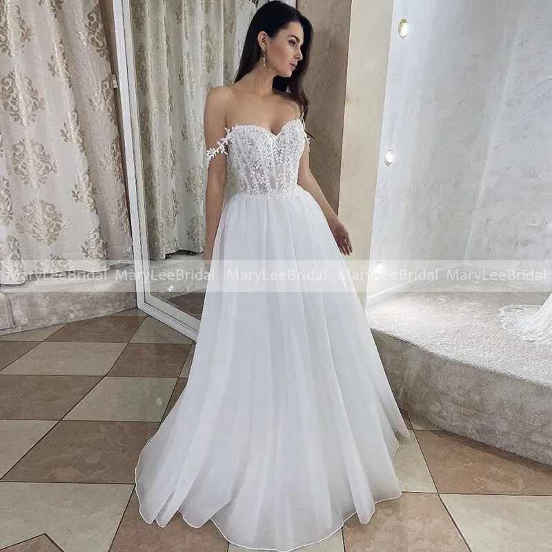 

Charming Sweetheart Wedding Dresses Illusion Boning Off the Shoulder Spaghetti Strap Leaf Applique A-Line Bridal Gowns Custom