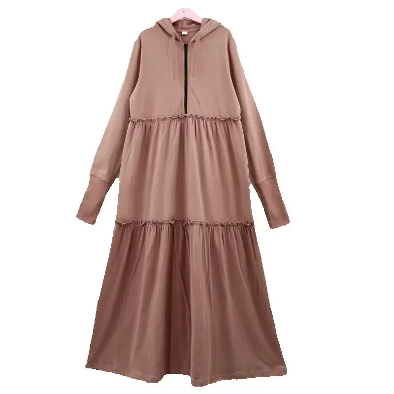 Vestido largo plisado de manga larga para mujer, jersey con capucha, ropa de primavera con cremallera, línea A, Midi, Maxi, para el dedo con