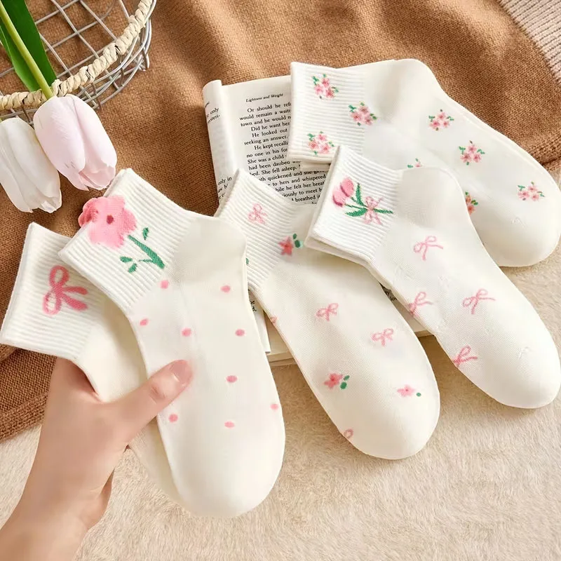 5 Pairs Girls Socks Cute Small Floral Pattern Bow Flower Comfortable Breathable Kids Socks image 2