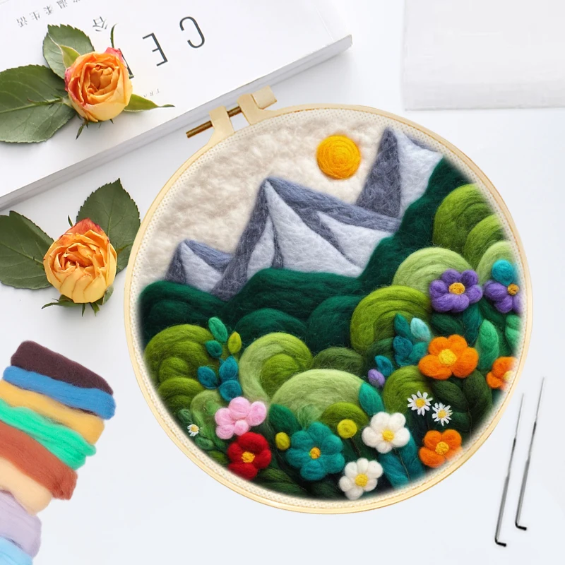 CHENISTORY Needle Felting Painting With Frame Kit For Beginner Mountain Flowers Wool Felting Painting Handmade, Foam Pad,Cloth