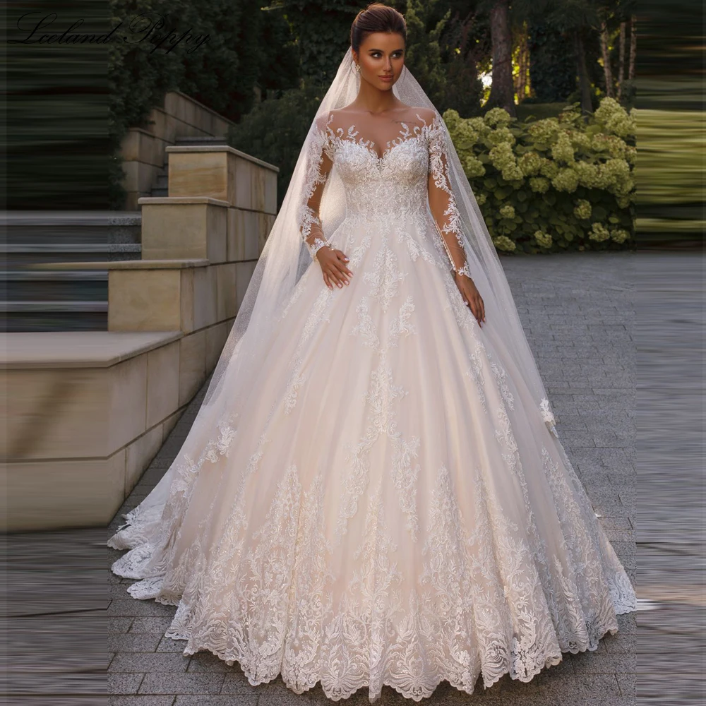 Lceland Poppy Customized Scoop Neck A Line Beaded Lace Wedding Dresses Floor Length Long Sleeves Bridal Gowns with Court Train