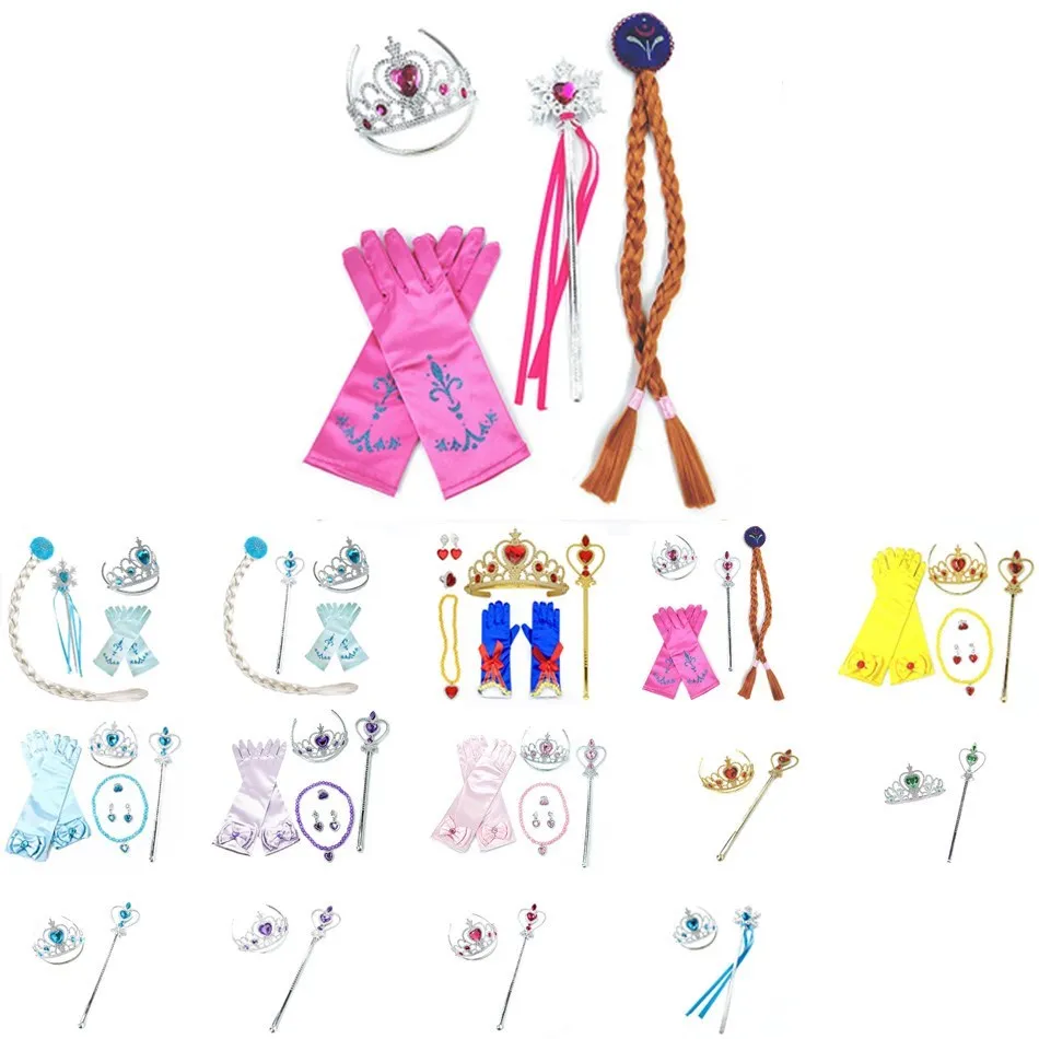 Girls Children Clothing Accessories Set Elsa Anna Magic Wand Princess Crown Gloves Headdress Golden Green Red Free Collocation