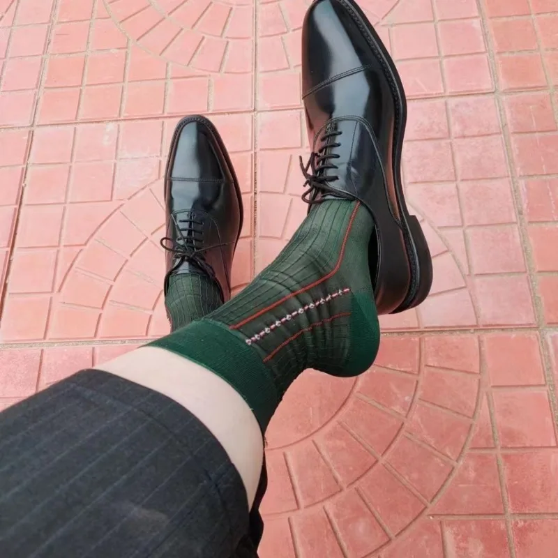 Dark Green Men Socks Sexy Exotic Retro Jacquard Ultra Thin High Quality Mid Calf Socks Man Business Dress Stripe Nylon Stockings