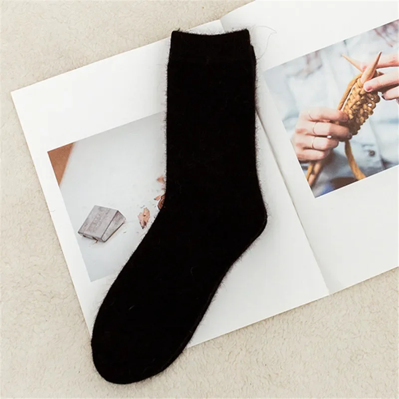 3 Pairs Pure Color Warm Winter Socks Angora Rabbit Hair Female Thickening Wool Socks Cotton Rabbit Wool Socks Calcetines Winter