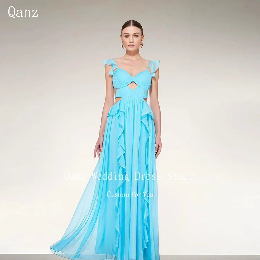 

Qanz Elegant Cap Sleeves Prom Dresses Chiffon Long A Line Ruffles Backless Vestidos De Festa Robe De Soirée Luxe élégante 2024