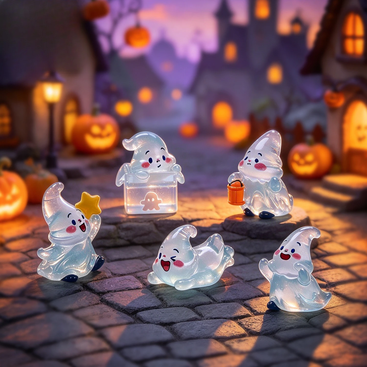 100pcs Kawaii Cartoon Halloween Transparent Doll 3D Resin Mini Ghost Desktop Decor DIY Keychain Jewelry Accessories