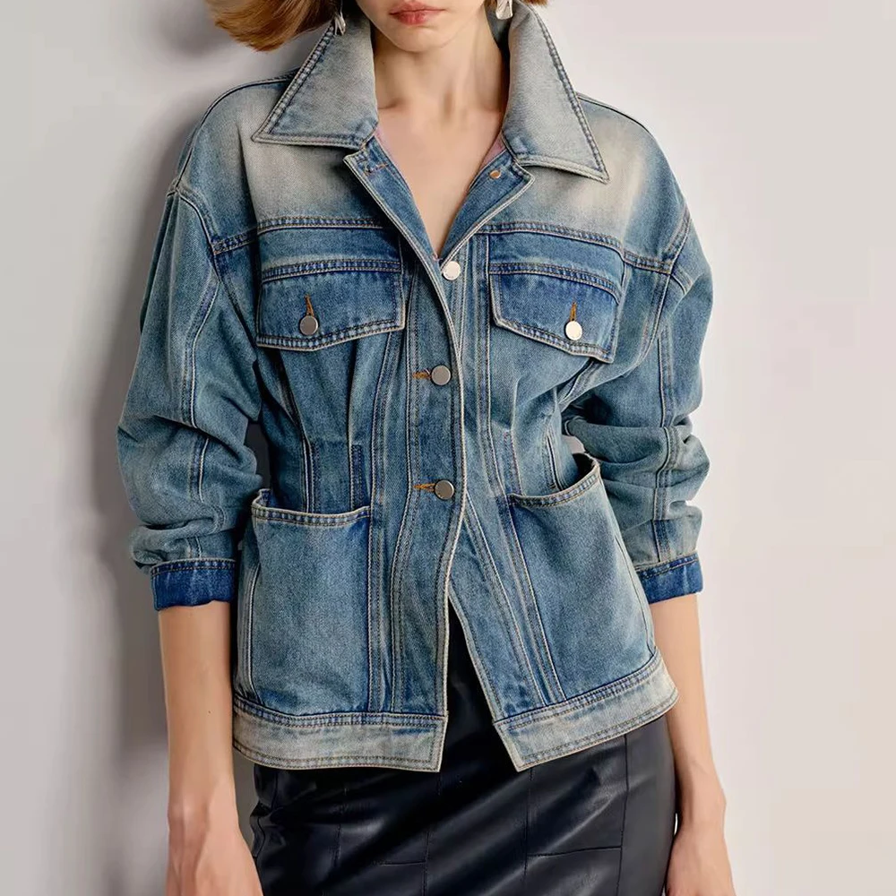

Spring Autumn New Women Washed Lapel Retro Denim Coat Female Loose Casual Jacket