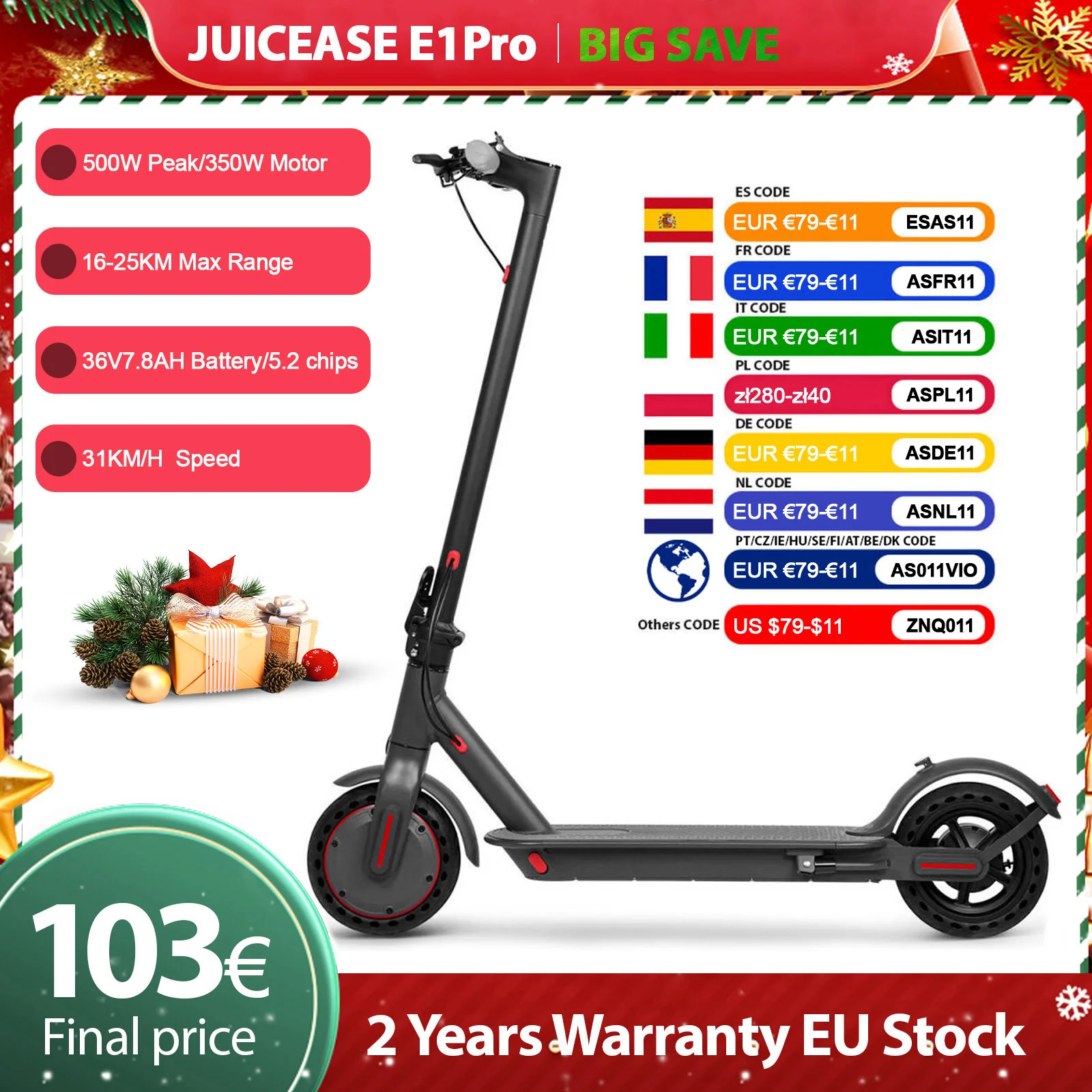 JUICEASE E1 Pro Scooter électrique 350W moteur 500W puissance de pointe pliant trottinette électrique 36V7.8AH 5.2 puces 25KM portée EScooter