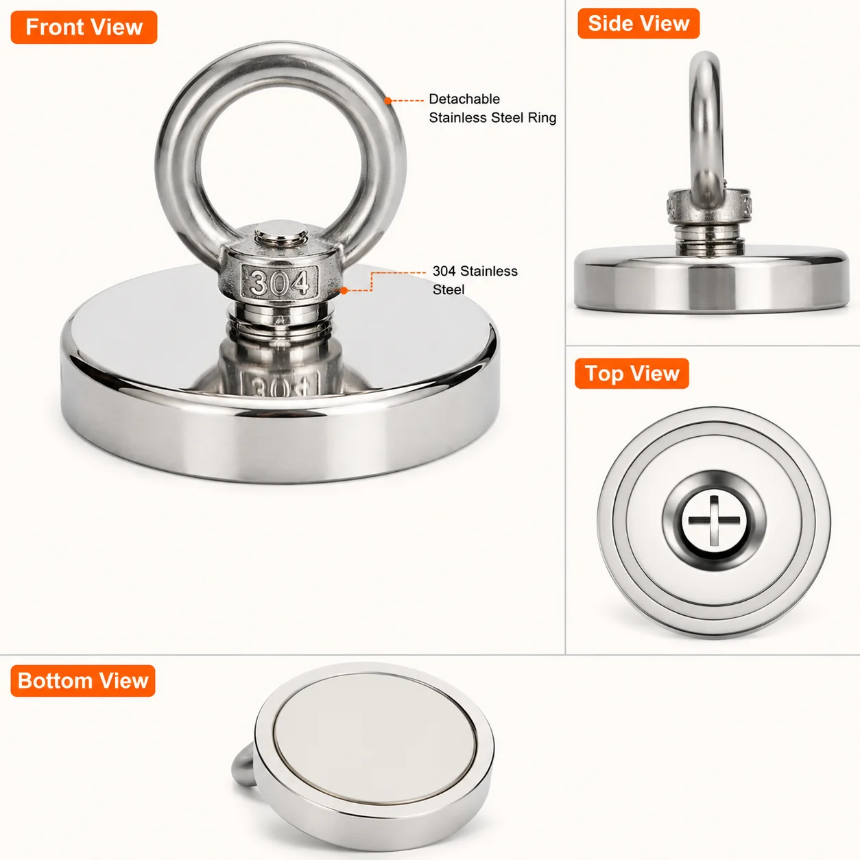 Yongrun 304 Stainless Steel Round Salvage Magnet With Detachable Hook Strong Magnetic Pull Force For Recovery Electroplated Stee