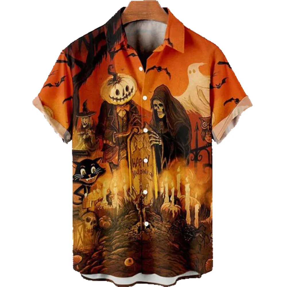 2024 Ghost Halloween Scarecrow Pumpkin Men\'S Shirt Bat Horror Skull 3d Print Summer Casual Short Sleeved Beach Party Hawaiian