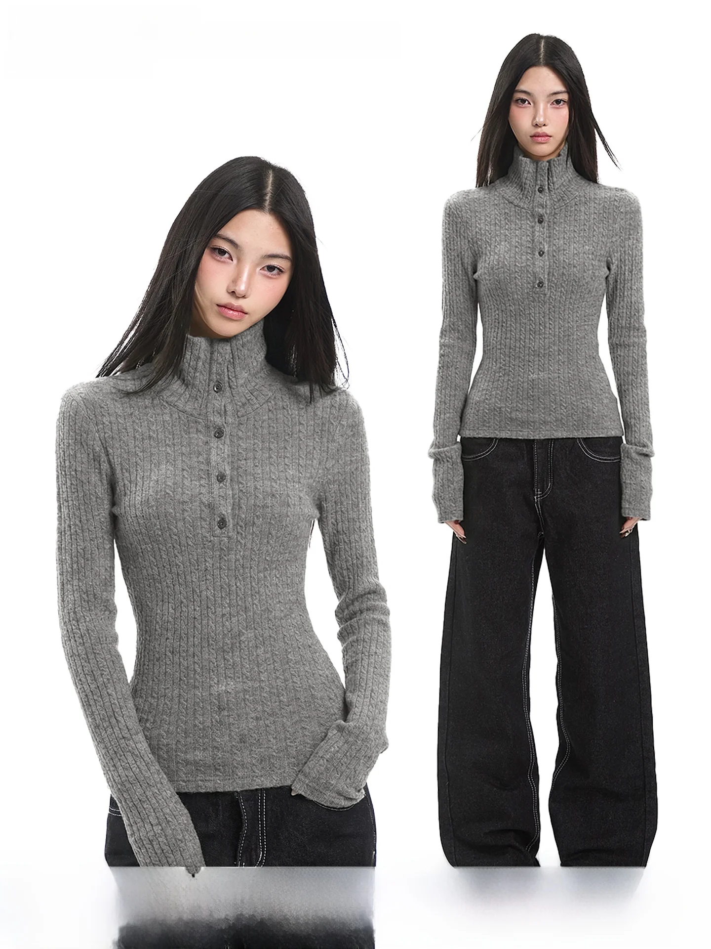 

UNCMHISEX Американский женский свитер с высоким воротником и узором косы, осенне-зимний, приталенный, на пуговицах, повседневный, с длинными рукавами