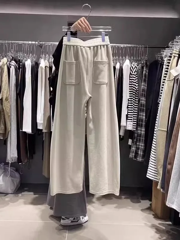 プラスサイズのワイドレッグパンツ女性用カジュアルドレープカラーブロードストリングフロアレングスパンツ春秋ルーズで快適