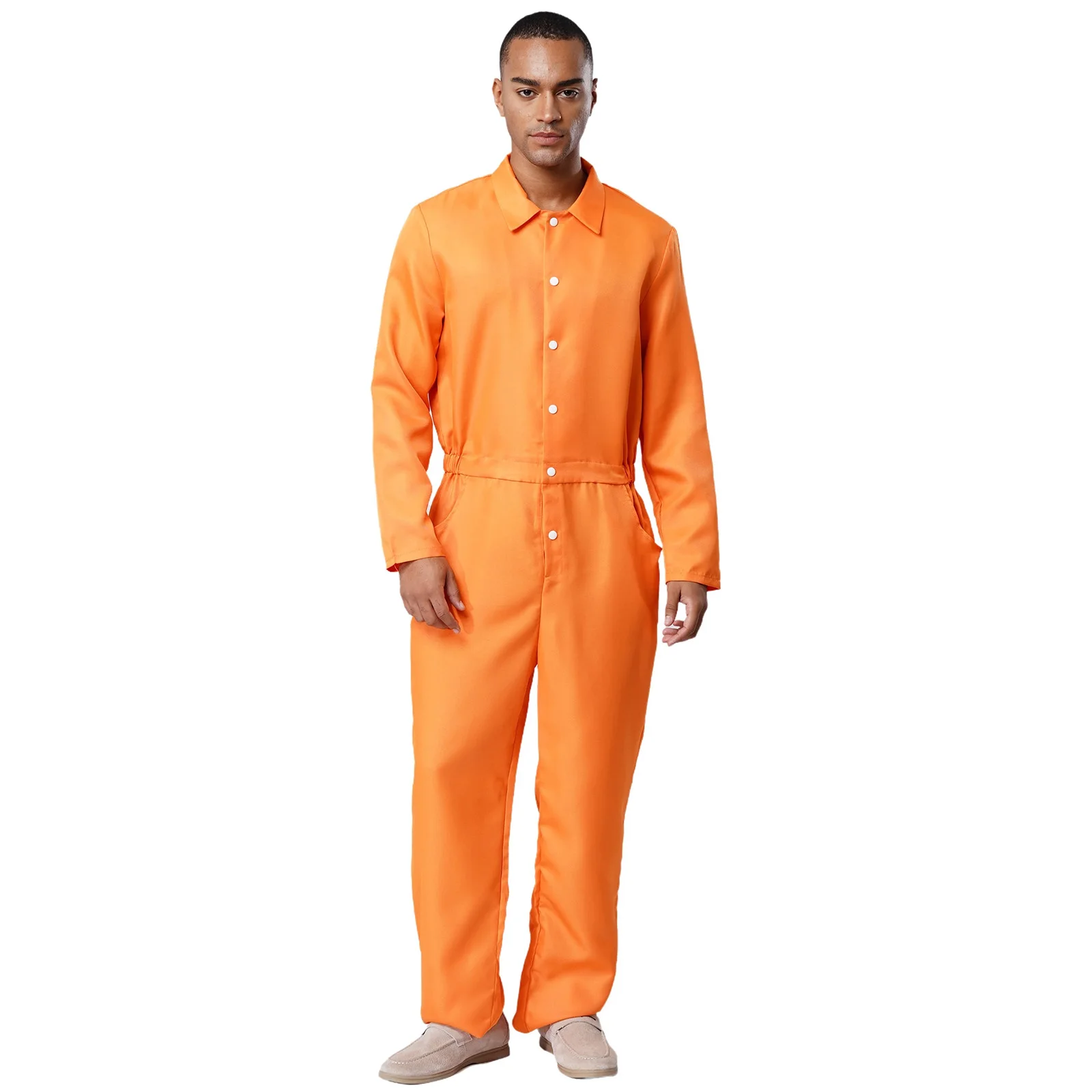

Men's Unisex Halloween Prisoner Cosplay Jumpsuit Long Sleeve Orange Unitard Inmate Jail Uniform for Carnival Party Dress-up