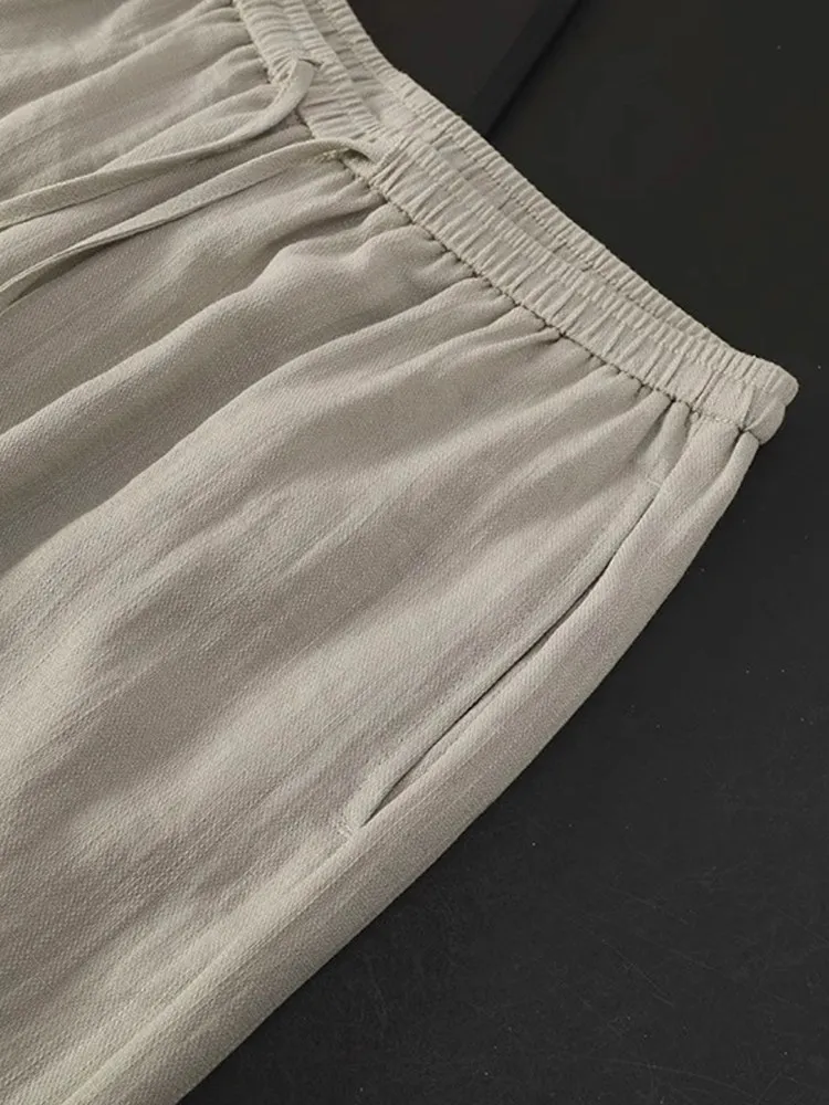Pantaloni Casual in Misto Lino a Vita Alta, Gamba Larga, Elastico in Vita con Cordoncino, Taglio Dritto, Comodi e Ampi per Donna