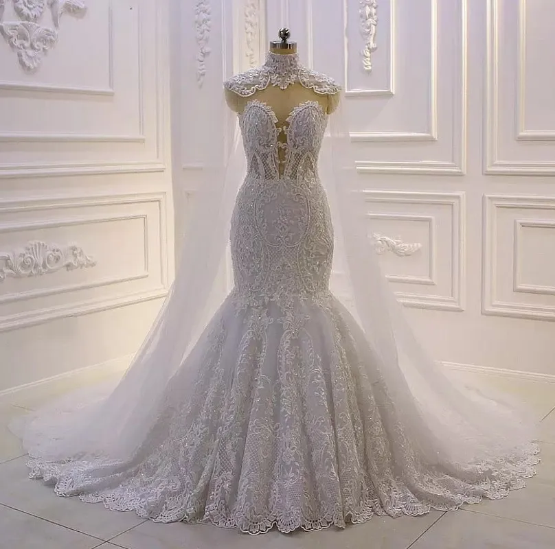 Customized Luxury Mermaid Wedding Dress 2025 With Cape Sleeves Lace Appliques Sheer Button Back Bridal Gowns Vestidos De Noiva