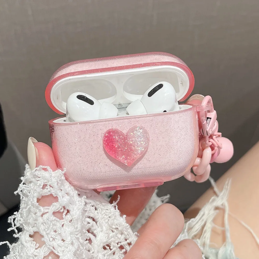 INS Glitter Shiny 3D Pink Love Heart Earphone Case For Apple AirPods Pro 2 1 Clear Shell For Air Pods 3 with Pendant Keychain