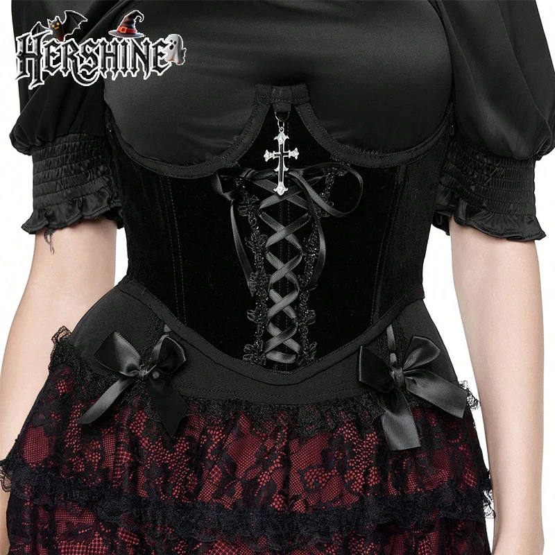 HERSHINE Women's Black Fashion Cross Velvet Shaping Waist Cincher, Y2K Gothic Harajuku Style Sexy Accessory，spring，summer