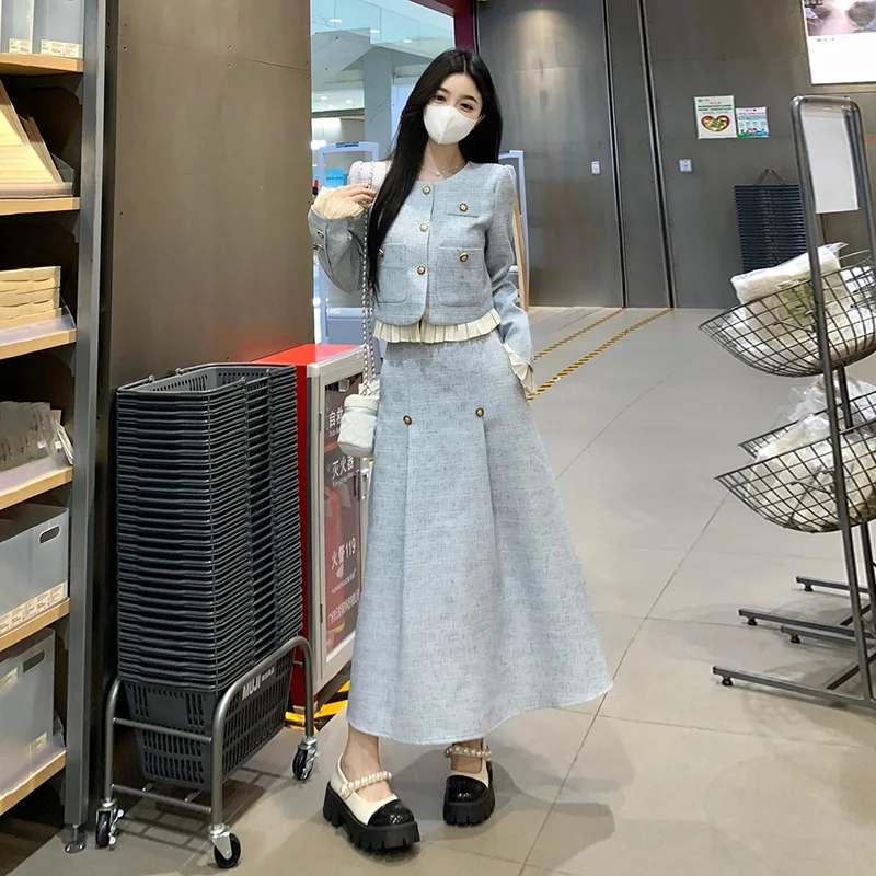 Plus Size Women's Wear Curvy Autumn New 2024 Fashionable Blue Elegant Suit and Skirt Two-piece Trendy Setfemale Office Lady Set