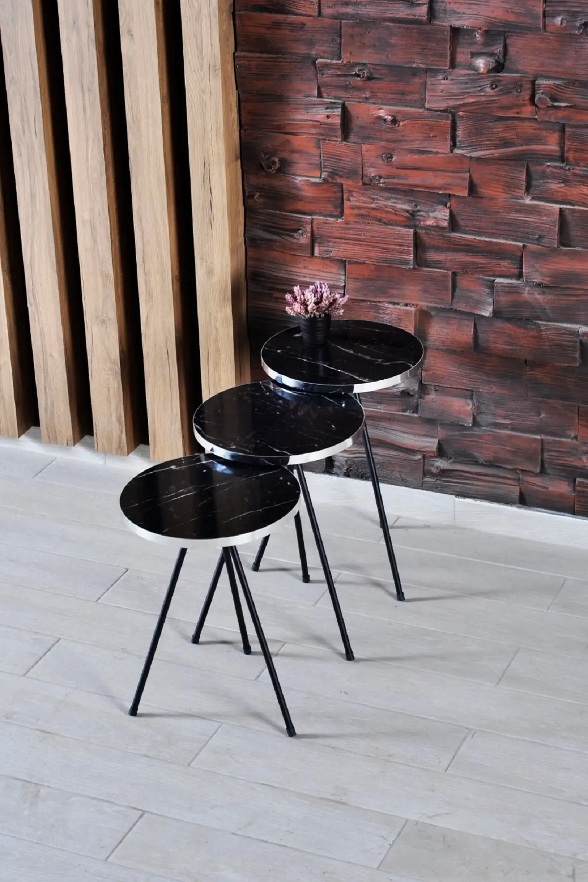 Modern Nesting Table 3 Pieces Black Metal Leg Silver Edge De Mounted Side Table Tea Coffee Service Table Round Living Room Bedsi