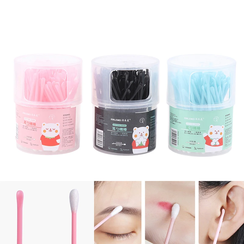 100PCS Disposable Double Head Cotton Swab Women Makeup Plastic Ear Pick Cotton Swabs Nose Ears Cleaning Tool Health Care Tools