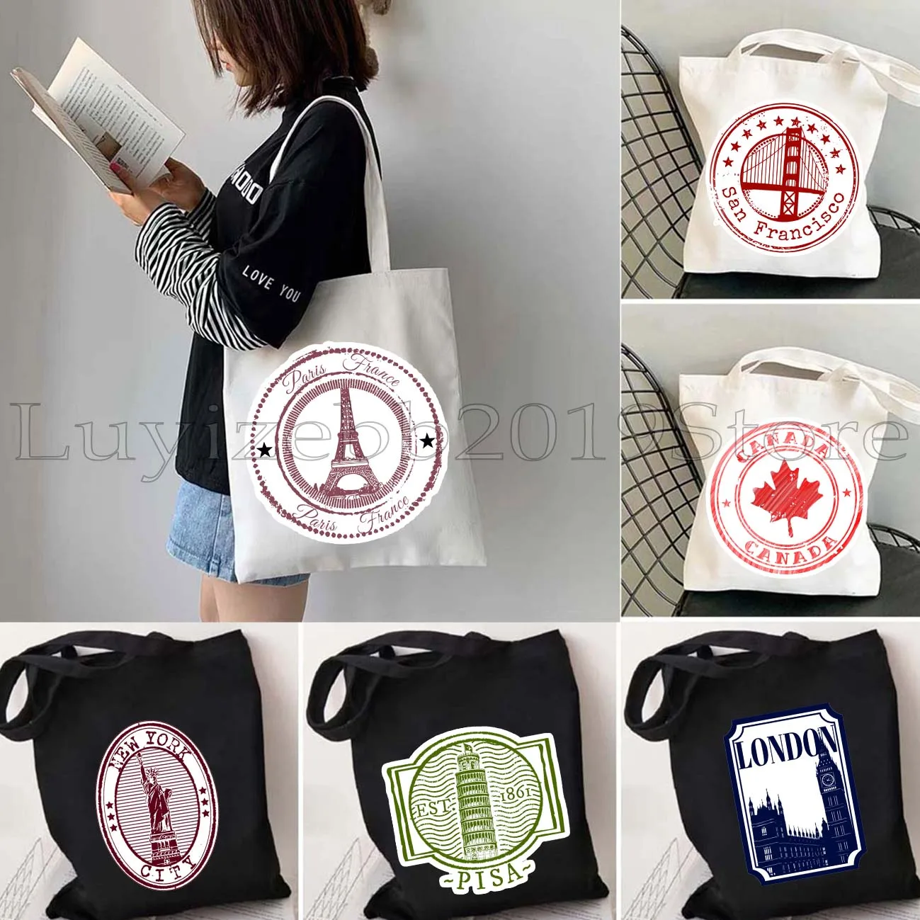 Amsterdam Morocco Las Vegas New York Paris Canada Bangkok Pisa San Francisco Cairo Stamp Canvas Shoulder Tote Bag Cotton Handbag