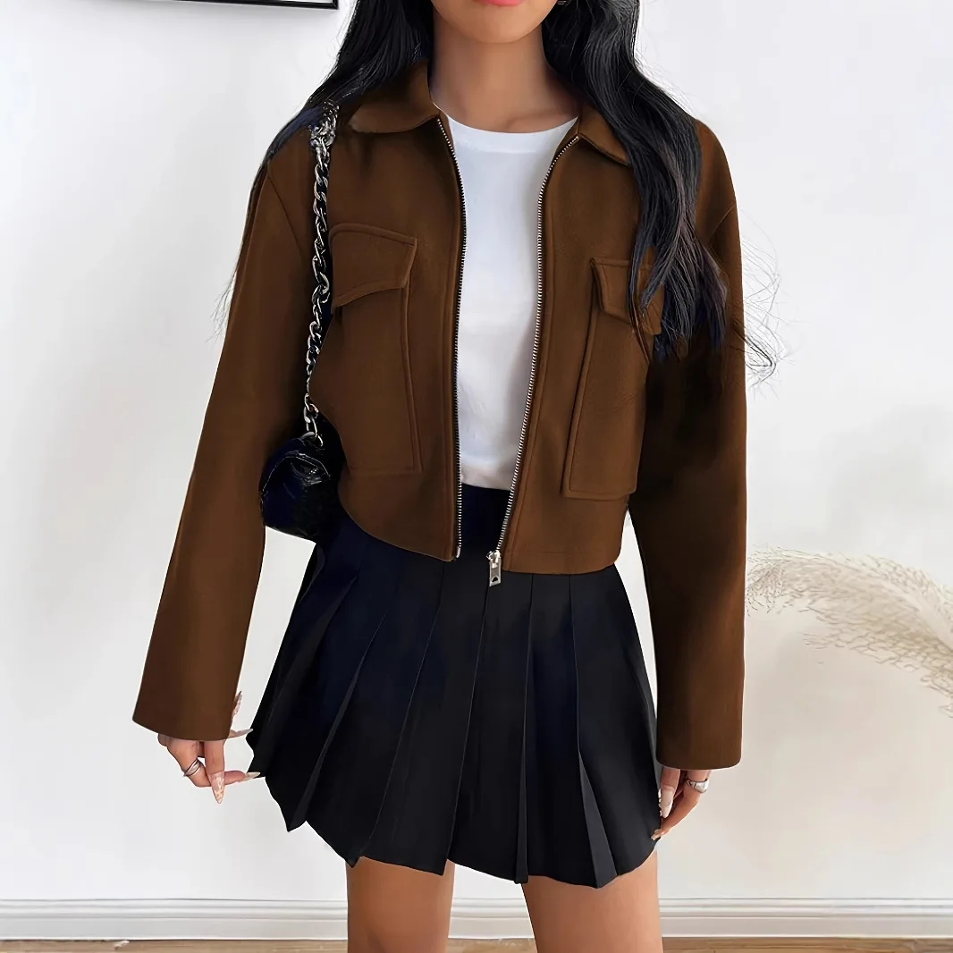 Осень-зима 2025 г., женская модная однотонная короткая куртка на молнии с длинным рукавом, офисное женское пригородное пальто