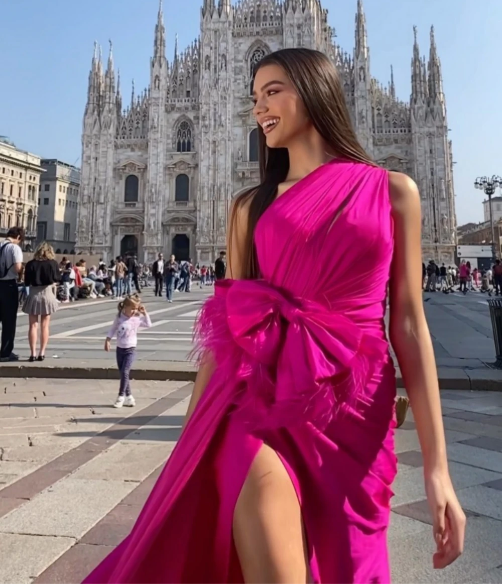 Vestido de fiesta de gasa para mujer, traje Formal de un hombro, línea A, con lazo de noche, a la moda