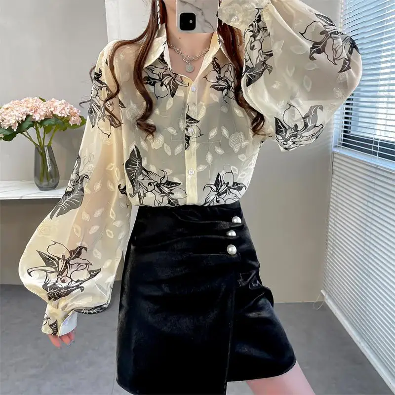 2024 Spring Summer Women Trendy Print Embroidery Chic Button Up Shirt Casual Lantern Long Sleeve Thin Chiffon Blouse Loose Tops